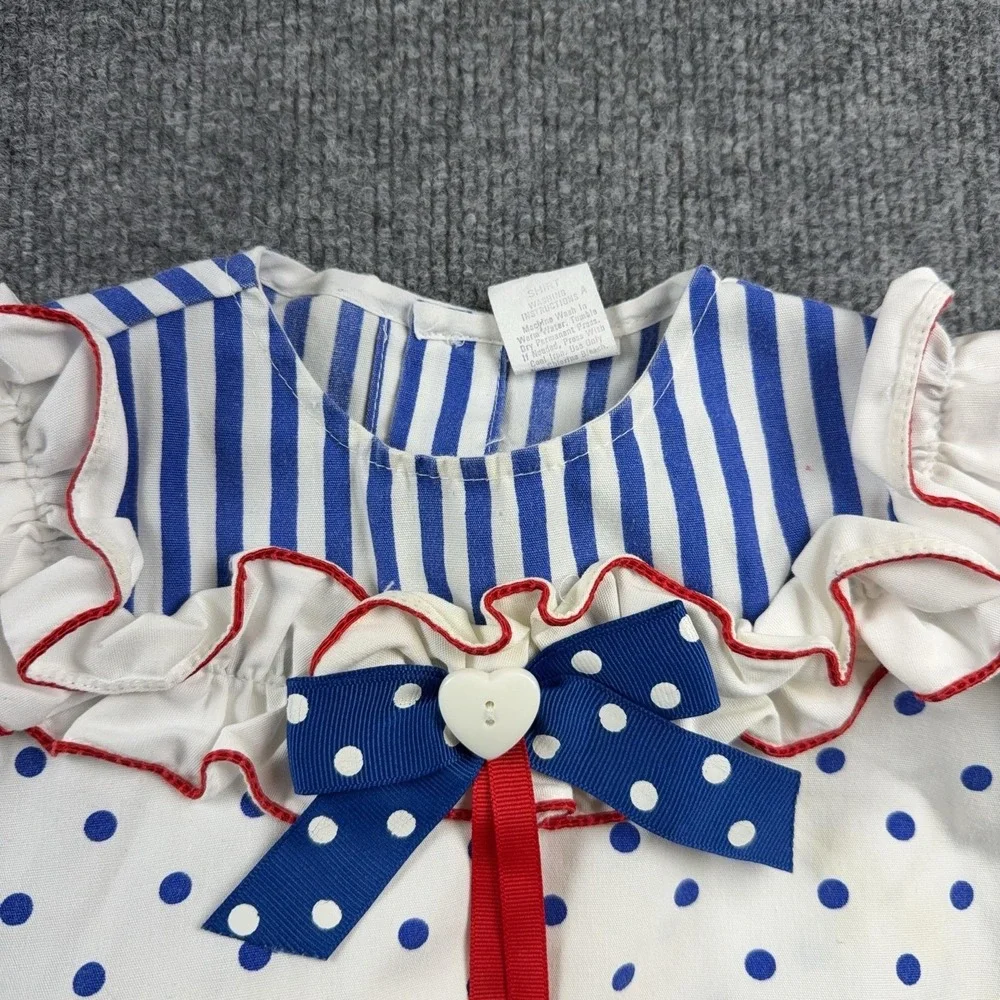 VTG Polka Dot Outfit Set Girls 18-24M White Blue Top Shorts 2 Piece Bow Stripe